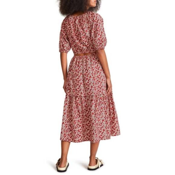 Apiece Apart Red Floral Midi Dress Organic Cotton Pockets Cut Out Back. SZ LG - Picture 2 of 10